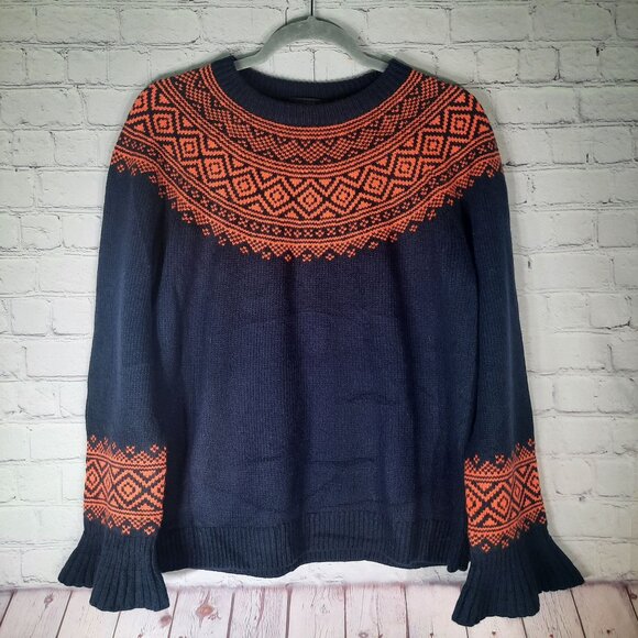 J. Crew Fair Isle Nordic Knit Sweater With Orange & Black Ruffle Sleeve - Picture 2 of 11